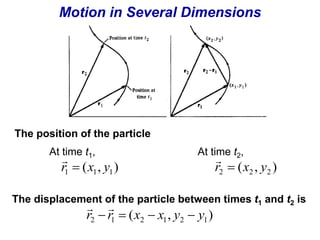 Motion in Several Dimensions 
The position of the particle 
At time t1, At time t2, 
 
( , ) 1 1 1 r  x y 
 
( , ) 2 2 2 r  x y 
The displacement of the particle between times t1 and t2 is 
  
( , ) 2 1 2 1 2 1 r  r  x  x y  y 
 