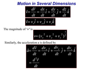 Motion in Several Dimensions 
 
v  ˆ  ˆ  k 
ˆ 
dz 
dt 
j 
dy 
dt 
i 
dx 
dt 
dr 
dt 
 
 
 ˆ  ˆ  ˆ 
v v i v j v k x y z 
The magnitude of ‘v’ is 
1 
2 
2 2 2 ( ) x y z v v  v  v 
Similarly, the acceleration a is defined by 
dv 
a   x  y  
z 
d r 
dt 
k 
dv 
dt 
j 
dv 
dt 
i 
dv 
dt 
dt 
 
 
 
2 
ˆ ˆ ˆ 
 
 