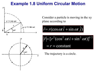 Example 1.8 Uniform Circular Motion 
Consider a particle is moving in the xy 
plane according to 
 
r r(cost iˆ  sint ˆj) 
[ (cos sin )] 2 2 2 1/ 2 
  
r r t i t 
  
r 
constant 
 
The trajectory is a circle. 
 