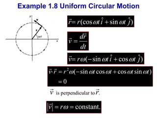 Example 1.8 Uniform Circular Motion 
 
r r(cost iˆ  sint ˆj) 
r d 
dt 
v 
 
 
 
 
v r(sint iˆ  cost ˆj) 
v r  r   t t  t t 
0 
( sin cos cos sin ) 2 
 
  
 
 
v is perpendicular to . 
 
r 
v  r  constant. 
 