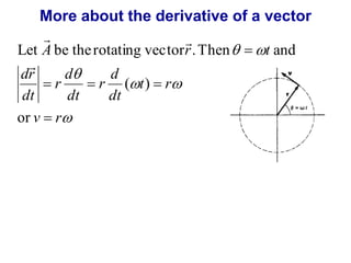 More about the derivative of a vector 
  
Let be the rotating vector . Then and 
 
d 
r 
   
 
  
 
  
dr 
v r 
t r 
d 
r 
dt 
dt 
dt 
A r t 
 
 
or 
( ) 
 