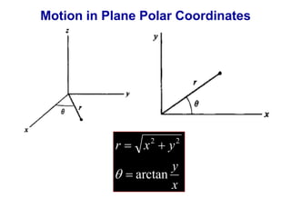 Motion in Plane Polar Coordinates 
2 2 
r x y 
y 
x 
  
arctan 
 
 
 