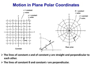 Motion in Plane Polar Coordinates 
 The lines of constant x and of constant y are straight and perpendicular to 
each other. 
 The lines of constant θ and constant r are perpendicular. 
 