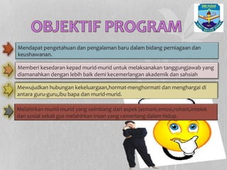 Memberi kesedaran kepad murid-murid untuk melaksanakan tanggungjawab yang
diamanahkan dengan lebih baik demi kecemerlangan akademik dan sahsiah
Mewujudkan hubungan kekeluargaan,hormat-menghormati dan menghargai di
antara guru-guru,ibu bapa dan murid-murid.
Melahirkan murid-murid yang seimbang dari aspek jasmani,emosi,rohani,intelek
dan sosial sekali gus melahirkan insan yang cemerlang dalam hidup.
 
