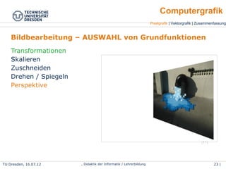 TU Dresden, 25.04.15 Wolf Spalteholz, Didaktik der Informatik / Lehrerbildung 23 | 46
Pixelgrafik | Vektorgrafik | Zusammenfassung
Computergrafik
Bildbearbeitung – AUSWAHL von Grundfunktionen
Transformationen
●
Skalieren
●
Zuschneiden
●
Drehen / Spiegeln
●
Perspektive
(11)
 