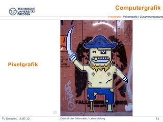 TU Dresden, 25.04.15 Wolf Spalteholz, Didaktik der Informatik / Lehrerbildung 5 | 46
Pixelgrafik | Vektorgrafik | Zusammenfassung
Computergrafik
Pixelgrafik
(2)
 