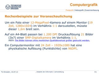 TU Dresden, 25.04.15 Wolf Spalteholz, Didaktik der Informatik / Lehrerbildung 8 | 46
Pixelgrafik | Vektorgrafik | Zusammenfassung
Computergrafik
Rechenbeispiele zur Veranschaulichung
●
Um ein Foto einer 12-MegaPixel-Kamera auf einem Monitor
(19 Zoll, 1280x1024) im Verhältnis 1:1 darzustellen, müsste
dieser 1,6m breit sein.
●
Auf ein A4-Blatt passen bei 1.200 DPI Druckauflösung 21
Bilder (3x7) einer 5MP-Digitalkamera im Verhältnis 1:1.
ABER: Die Bilder können ohne merklichen Qualitätsverlust größer gedruckt werden.
●
Ein Computermonitor mit 24 Zoll – 1920x1080 hat eine
physikalische Auflösung (Punktdichte) von 96DPI.
 