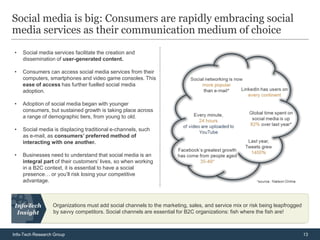 Social media is big: Consumers are rapidly embracing social
media services as their communication medium of choice
•   Social media services facilitate the creation and
    dissemination of user-generated content.

•   Consumers can access social media services from their
    computers, smartphones and video game consoles. This
    ease of access has further fuelled social media
    adoption.

•   Adoption of social media began with younger
    consumers, but sustained growth is taking place across
    a range of demographic tiers, from young to old.

•   Social media is displacing traditional e-channels, such
    as e-mail, as consumers’ preferred method of
    interacting with one another.

•   Businesses need to understand that social media is an
    integral part of their customers’ lives, so when working
    in a B2C context, it is essential to have a social
    presence… or you’ll risk losing your competitive
    advantage.



                  Organizations must add social channels to the marketing, sales, and service mix or risk being leapfrogged
                  by savvy competitors. Social channels are essential for B2C organizations: fish where the fish are!



Info-Tech Research Group                                                                                                      13
 