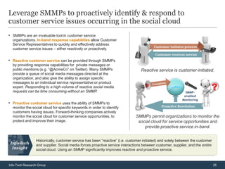 Leverage SMMPs to proactively identify & respond to
customer service issues occurring in the social cloud
• SMMPs are an invaluable tool in customer service
  organizations. In-band response capabilities allow Customer
  Service Representatives to quickly and effectively address
                                                                                         Customer initiates process
  customer service issues – either reactively or proactively.
                                                                                          Customer receives service
• Reactive customer service can be provided through SMMPs
  by providing response capabilities for private messages or
  public mentions (e.g. “@AcmeCo” on Twitter). Many SMMPs                        Reactive service is customer-initiated.
  provide a queue of social media messages directed at the
  organization, and also give the ability to assign specific
  messages to an individual service representative or product
  expert. Responding to a high-volume of reactive social media
  requests can be time consuming without an SMMP.                                                           SMMP-
                                                                                                           enabled
                                                                                                          Monitoring
• Proactive customer service uses the ability of SMMPs to
  monitor the social cloud for specific keywords in order to identify                         Proactive Resolution
  customers having issues. Forward-thinking companies actively
  monitor the social cloud for customer service opportunities, to             SMMPs permit organizations to monitor the
  protect and improve their image.                                             social cloud for service opportunities and
                                                                                  provide proactive service in-band.


                 Historically, customer service has been “reactive” (i.e. customer initiated) and solely between the customer
                 and supplier. Social media forces proactive service interactions between customer, supplier, and the entire
                 social cloud. Using an SMMP significantly improves reactive and proactive service.



Info-Tech Research Group                                                                                                        25
 