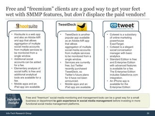 Free and “freemium” clients are a good way to get your feet
wet with SMMP features, but don’t displace the paid vendors!
                                            TweetDeck

     • Hootsuite is a web app                 •   TweetDeck is another               • Cotweet is a subsidiary
       and also an Adobe AIR                      popular app available                of online marketing
       and app that allows                        as an Adobe AIR app                  powerhouse
       aggregation of multiple                    that allows                          ExactTarget.
       social media accounts                      aggregation of multiple            • Cotweet is a elegant
       from multiple services to                  social media accounts                social conversation
       be monitored from a                        from multiple services               manager with basic
       single window.                             to be monitored from a               analytics.
     • Additional social                          single window.                     • Standard Edition is free
       accounts can be added                  •   Services are currently               and Enterprise Edition
       for a fee.                                 free, but Twitter                    with advanced features
     • Elementary analysis of                     recently purchased                   is available for a fee.
       social traffic is free and                 TweetDeck, so                        The Enterprise Edition
       additional analytical                      Twitter’s future plans               includes Salesforce.com
       tools are available for a                  for it have not been                 integration.
       fee.                                       announced.                         • An iPhone app is
     • Mobile apps and an                     •   Mobile apps and an                   available for the
       iPad app are available.                    iPad app are available.              Enterprise Edition



                  Free and “freemium” social media monitoring and management tools can be a great way for a small
                  business or department to gain experience in social media management before investing in more
                  functional social media management platforms.


Info-Tech Research Group                                                                                            30
 