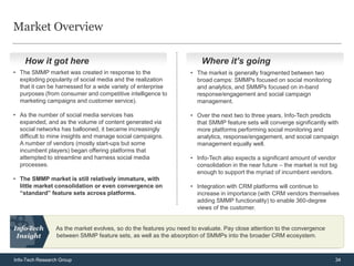 Market Overview

    How it got here                                                     Where it’s going
• The SMMP market was created in response to the                    • The market is generally fragmented between two
  exploding popularity of social media and the realization            broad camps: SMMPs focused on social monitoring
  that it can be harnessed for a wide variety of enterprise           and analytics, and SMMPs focused on in-band
  purposes (from consumer and competitive intelligence to             response/engagement and social campaign
  marketing campaigns and customer service).                          management.

• As the number of social media services has                        • Over the next two to three years, Info-Tech predicts
  expanded, and as the volume of content generated via                that SMMP feature sets will converge significantly with
  social networks has ballooned, it became increasingly               more platforms performing social monitoring and
  difficult to mine insights and manage social campaigns.             analytics, response/engagement, and social campaign
  A number of vendors (mostly start-ups but some                      management equally well.
  incumbent players) began offering platforms that
  attempted to streamline and harness social media                  • Info-Tech also expects a significant amount of vendor
  processes.                                                          consolidation in the near future – the market is not big
                                                                      enough to support the myriad of incumbent vendors.
• The SMMP market is still relatively immature, with
  little market consolidation or even convergence on                • Integration with CRM platforms will continue to
  “standard” feature sets across platforms.                           increase in importance (with CRM vendors themselves
                                                                      adding SMMP functionality) to enable 360-degree
                                                                      views of the customer.


                 As the market evolves, so do the features you need to evaluate. Pay close attention to the convergence
                 between SMMP feature sets, as well as the absorption of SMMPs into the broader CRM ecosystem.



Info-Tech Research Group                                                                                                     34
 