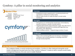 Cymfony: A pillar in social monitoring and analytics

     Market Pillar                                Overview
         Product:   Maestro                        • Established vendor experienced in monitoring brands and
      Employees:    26 500 (Kantar Group)            reputations in all forms of online media.
    Headquarters:   Burlington, MA                 • Was an early vendor to make the leap to social media
        Website:    cymfony.com                      monitoring.
        Founded:    1996
                                                  Strengths
                                                   • Strong focus on monitoring the social cloud, and analyzing
                                                     results to produce a variety of social metrics.
                                                   • Targeted well towards large enterprise usage, they also have a
                                                     well established reputation for working with agencies (e.g.
                                                     Advertising, PR, Marketing).
                                                   • Highly scalable solution – supports large number of users.

                                                  Challenges
                                                   • Plays in the monitoring field, but not strong in managing a
                                                     company’s own social properties or campaign execution
                                                     through social properties.

    Vendor did not provide pricing information.


Info-Tech Recommends:
       As a category leader in social monitoring and analytics, Cymfony is often deployed alongside social
       media management-focused tools from other vendors; however, it needs to add or acquire social media
       management features of its own soon to battle Radian6.
Info-Tech Research Group                                                                                              46
 