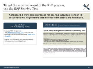 To get the most value out of the RFP process,
use the RFP Scoring Tool
        A standard & transparent process for scoring individual vendor RFP
        responses will help ensure that internal team biases are minimized.


              Use Info-Tech’s
          SMMP RFP Scoring Tool to:

 Evaluate RFP Responses!
 The SMMP RFP Scoring Tool is pre-built with
 essential criteria complementing the SMMP RFP
 Template.

 Use the tool to drive the procurement meeting
 with your procurement department




Info-Tech Research Group                                                      55
 