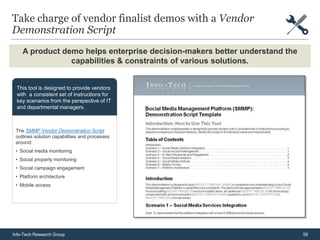 Take charge of vendor finalist demos with a Vendor
Demonstration Script
    A product demo helps enterprise decision-makers better understand the
                capabilities & constraints of various solutions.


 This tool is designed to provide vendors
 with a consistent set of instructions for
 key scenarios from the perspective of IT
 and departmental managers.



 The SMMP Vendor Demonstration Script
 outlines solution capabilities and processes
 around:
 • Social media monitoring
 • Social property monitoring
 • Social campaign engagement
 • Platform architecture
 • Mobile access




Info-Tech Research Group                                                    56
 