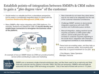 Establish points-of-integration between SMMPs & CRM suites
to gain a “360 degree view” of the customer
• Social media is a valuable tool from a standalone perspective,           • New channels do not mean they stand alone
  but its power is considerably magnified when it’s paired with the          and do not need to be integrated into the rest
  Customer Relationship Management (CRM) suite.                              of the customer interaction architecture.

                                                                           • Challenge SMMP vendors to demonstrate
• Many SMMPs offer native integration with CRM platforms. For                integration experience with both CRM
  example, Radian6 and Salesforce CRM. IT should identify and                vendors and multimedia queue vendors.
  enable these connectors to strengthen the business value
  of the platform.                                                         • Manual integration, adding resolved social
                                                                             inquiries yourself to a CRM system after
                                                                             closure, cannot scale given the rapid
                                                                             increase in customer inquiries originating in
                                                                             the social cloud. Integration with interaction
                                                                             management workflows is most desirable.


                                                                           These tools are enabling sales, and they help us
                                                                           serve our customers better. And anything that
                                                                           does that, is a good investment on our part.

                                                                           - Chip Meyers, Sales Operation
 An example of how an SMMP linked via CRM can provide proactive            Manager, Insource
        service while contributing to sales and marketing.


                 SMMPs are a necessary single-channel evolutionary step, just like there used to be e-mail-only and Web
                 chat-only customer service options in the late 1990s. But they are temporary. SMMPs will eventually be
                 subsumed into the larger CRM technology ecosystem. Only a few best-of-breed will survive in 10 years.


Info-Tech Research Group                                                                                                      60
 