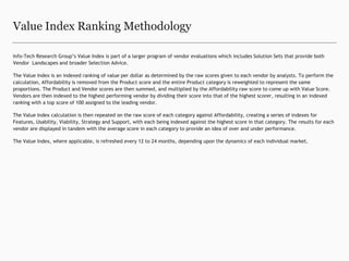 Value Index Ranking Methodology

Info-Tech Research Group’s Value Index is part of a larger program of vendor evaluations which includes Solution Sets that provide both
Vendor Landscapes and broader Selection Advice.

The Value Index is an indexed ranking of value per dollar as determined by the raw scores given to each vendor by analysts. To perform the
calculation, Affordability is removed from the Product score and the entire Product category is reweighted to represent the same
proportions. The Product and Vendor scores are then summed, and multiplied by the Affordability raw score to come up with Value Score.
Vendors are then indexed to the highest performing vendor by dividing their score into that of the highest scorer, resulting in an indexed
ranking with a top score of 100 assigned to the leading vendor.

The Value Index calculation is then repeated on the raw score of each category against Affordability, creating a series of indexes for
Features, Usability, Viability, Strategy and Support, with each being indexed against the highest score in that category. The results for each
vendor are displayed in tandem with the average score in each category to provide an idea of over and under performance.

The Value Index, where applicable, is refreshed every 12 to 24 months, depending upon the dynamics of each individual market.
 