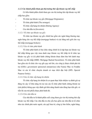 1.3.2 Các thành phần tham gia thị trường thứ cấp khoản vay thế chấp
          Có bốn thành phần chính tham gia vào thị trường thứ cấp khoản vay thế
    chấp bao gồm:
-         Tổ chức tạo khoản vay gốc (Mortgage Originators)
-         Tổ chức phát hành (The arranger)
-         Tổ chức xếp hạng tín nhiệm (Rating Agency)
-         Các nhà đầu tư (Investors)
    1.3.2.1 Tổ chức tạo khoản vay gốc:
          Tổ chức tạo khoản vay gốc chính bao gồm các ngân hàng thương mại,
    ngân hàng cho vay thế chấp (mortgage banker) và các hãng môi giới cho vay
    thế chấp (mortgage brokers)
    1.3.2.2 Các tổ chức phát hành
          Tổ chức phát hành có hai chức năng chính là (i) tập hợp các khoản vay
    thế chấp thông qua việc mua danh mục khoản vay thế chấp từ tổ chức tạo
    khoản vay gốc và (ii) phát hành chứng khoán được đảm bảo bởi danh mục
    khoản vay thế chấp (MBS- Mortgage Backed Secuirities). Tổ chức phát hành
    bao gồm các tổ chức cho vay gốc quy mô lớn, các công ty được chính phủ tài
    trợ (GSEs- government sponsored enterpirises) như Fannie Mae và Freddie
    Mac và các tổ chức chuyên doanh có mục đích đặc biệt (SPE- Special
    Purpose Entity).
    1.3.2.3 Các tổ chức xếp hạng tín nhiệm
          Tổ chức xếp hạng tín nhiệm là cơ quan thực hiện nhiệm vụ đánh giá sự
    đáng tin cậy về khả năng trả nợ của các tổ chức phát hành chứng khoán nợ
    (trái phiếu) thông qua việc đánh giá khả năng thanh toán đúng hạn tiền gốc và
    tiền lãi của trái phiếu được phát hành đó.
    1.3.2.4 Các nhà đầu tư
          Các nhà đầu tư là thành phần cuối cùng tham gia vào thị trường thứ cấp
    khoản vay thế chấp. Các nhà đầu tư chủ yếu bao gồm các nhà đầu tư tổ chức
    như các chính phủ nước ngoài, các quỹ hưu trí, công ty bảo hiểm, ngân hàng,



                                           11
 
