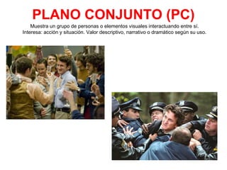 PLANO CONJUNTO (PC)
Muestra un grupo de personas o elementos visuales interactuando entre sí.
Interesa: acción y situación. Valor descriptivo, narrativo o dramático según su uso.
 
