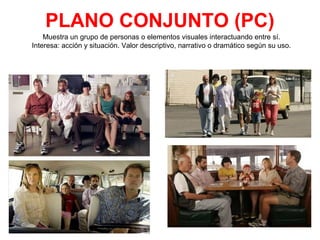 PLANO CONJUNTO (PC)
Muestra un grupo de personas o elementos visuales interactuando entre sí.
Interesa: acción y situación. Valor descriptivo, narrativo o dramático según su uso.
 