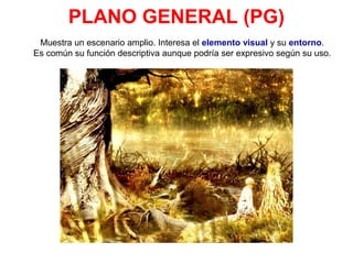 PLANO GENERAL (PG)
Muestra un escenario amplio. Interesa el elemento visual y su entorno.
Es común su función descriptiva aunque podría ser expresivo según su uso.
 