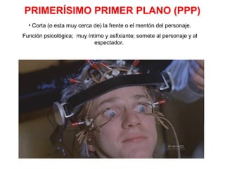 PRIMERÍSIMO PRIMER PLANO (PPP)
• Corta (o esta muy cerca de) la frente o el mentón del personaje.
Función psicológica; muy íntimo y asfixiante; somete al personaje y al
espectador.
 