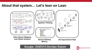 About that system… Let’s lean on Lean
Value Stream Mapping
Lean Waste Analysis Service Delivery
Metrics
Systems Thinking
Google: DOES15 DevOps Kaizen
A3/ Improvement Kata
 
