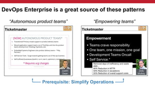 DevOps Enterprise is a great source of these patterns
“Autonomous product teams” “Empowering teams”
Prerequisite: Simplify Operations
 