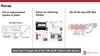 Focus on removing
friction
Put an improvement
system in place
Go all the way with Ops
Recap
And don’t forget all of the HR stuff I didn’t talk about!
DevOps Kaizen
 