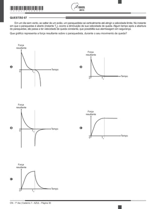 CN - 1º dia | Caderno 1 - AZUL - Página 30
2013
QUESTÃO 87	
Em um dia sem vento, ao saltar de um avião, um paraquedista cai verticalmente até atingir a velocidade limite. No instante
em que o paraquedas é aberto (instante TA
), ocorre a diminuição de sua velocidade de queda. Algum tempo após a abertura
do paraquedas, ele passa a ter velocidade de queda constante, que possibilita sua aterrissagem em segurança. 
Que gráfico representa a força resultante sobre o paraquedista, durante o seu movimento de queda?
A
Força
resultante
Tempo
0 TA
D
Força
resultante
Tempo
0 TA
B
Força
resultante
Tempo
0 TA
E
Força
resultante
Tempo
0 TA
C
Força
resultante
Tempo
0 TA
*AZUL75SAB30*
 