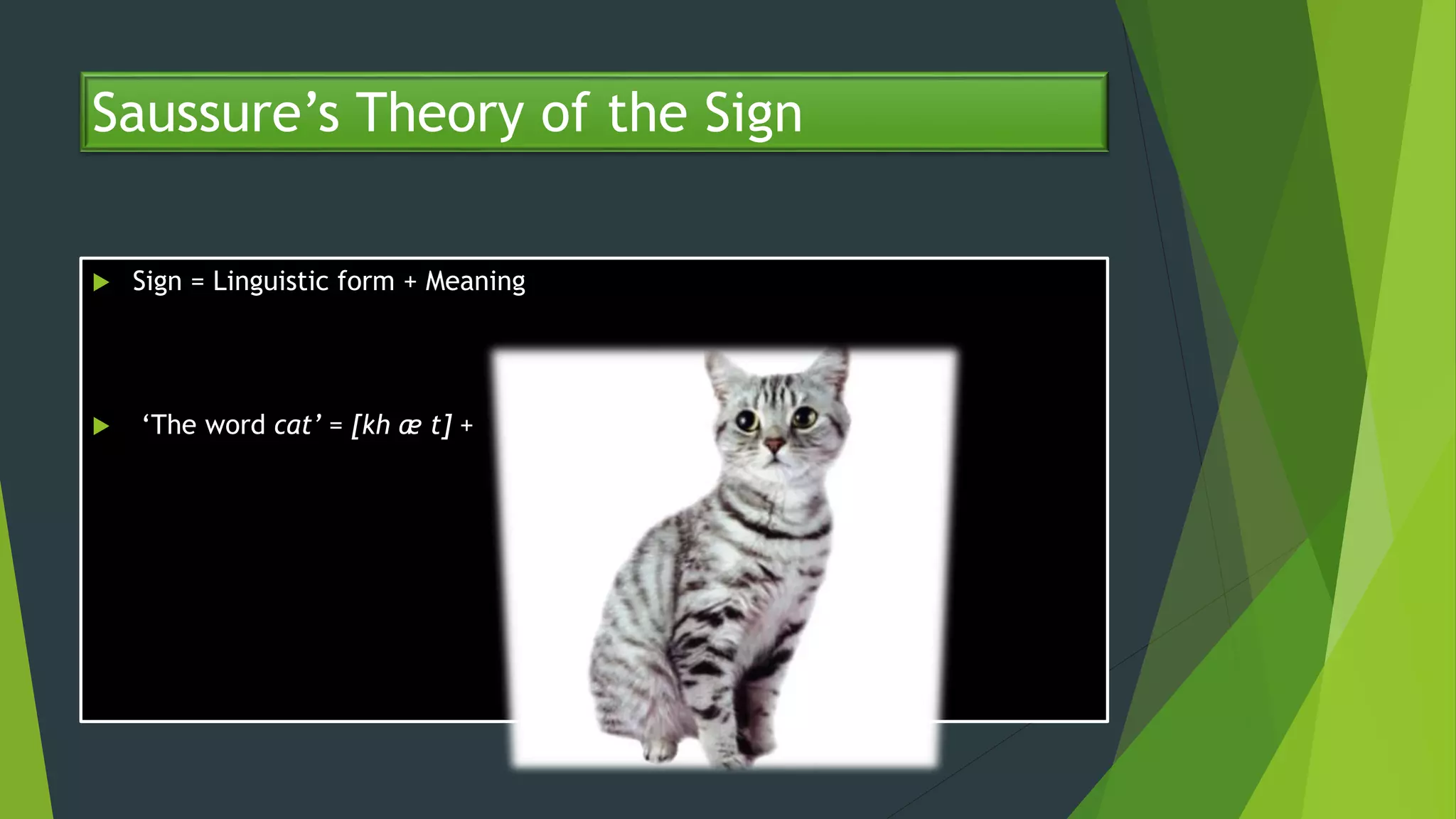 Saussure’s Theory of the Sign
 Sign = Linguistic form + Meaning
 ‘The word cat’ = [kh æ t] +
 