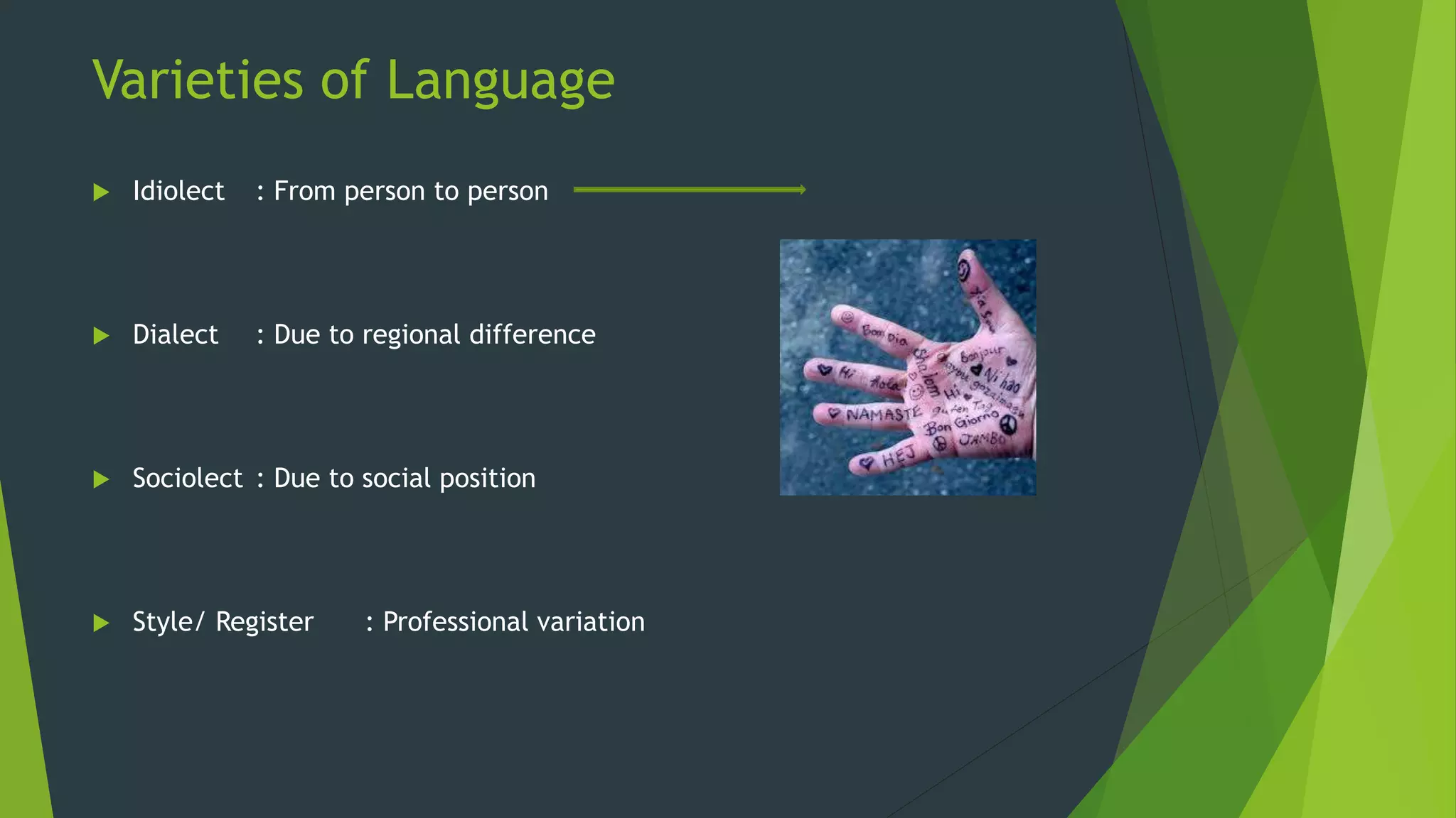 Varieties of Language
 Idiolect : From person to person
 Dialect : Due to regional difference
 Sociolect : Due to social position
 Style/ Register : Professional variation
 