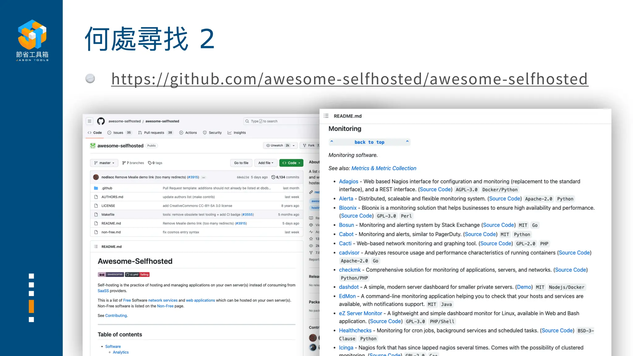 https://github.com/awesome-selfhosted/awesome-selfhosted
何處尋找 2
 