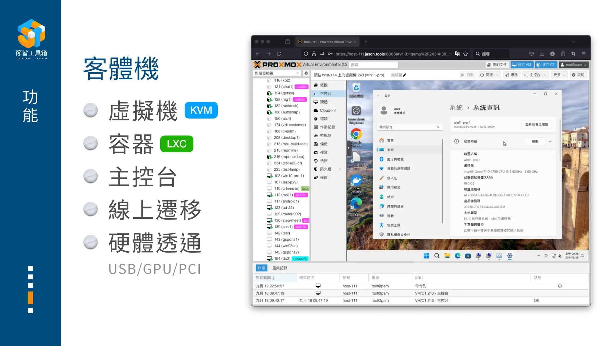 功
能 虛擬機
容器
主控台
線上遷移
硬體透通
USB/GPU/PCI
客體機
KVM
LXC
 