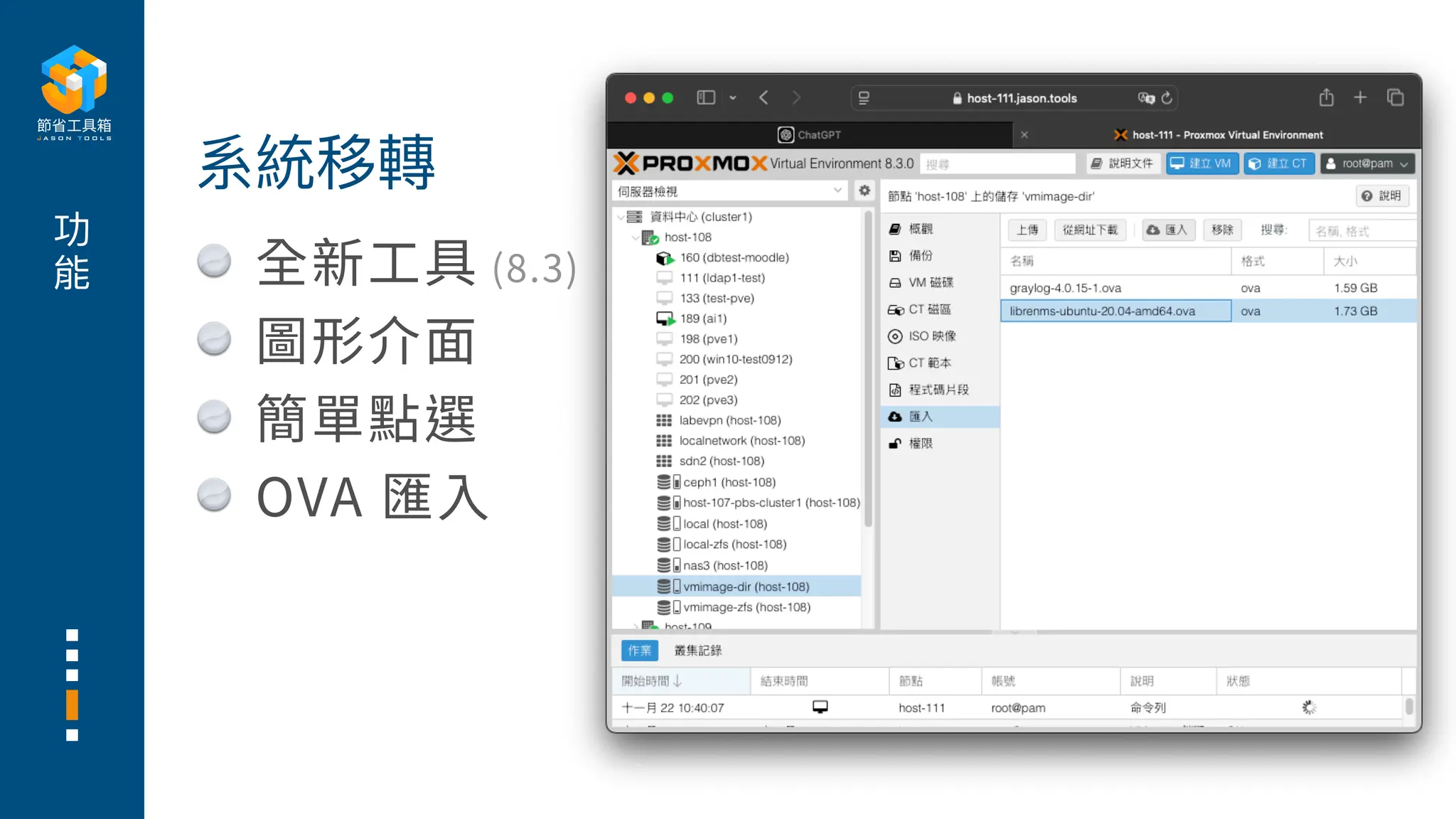功
能 全新
工
具 (8.3)
圖形介
面
簡單點選
OVA 匯
入
系統移轉
 