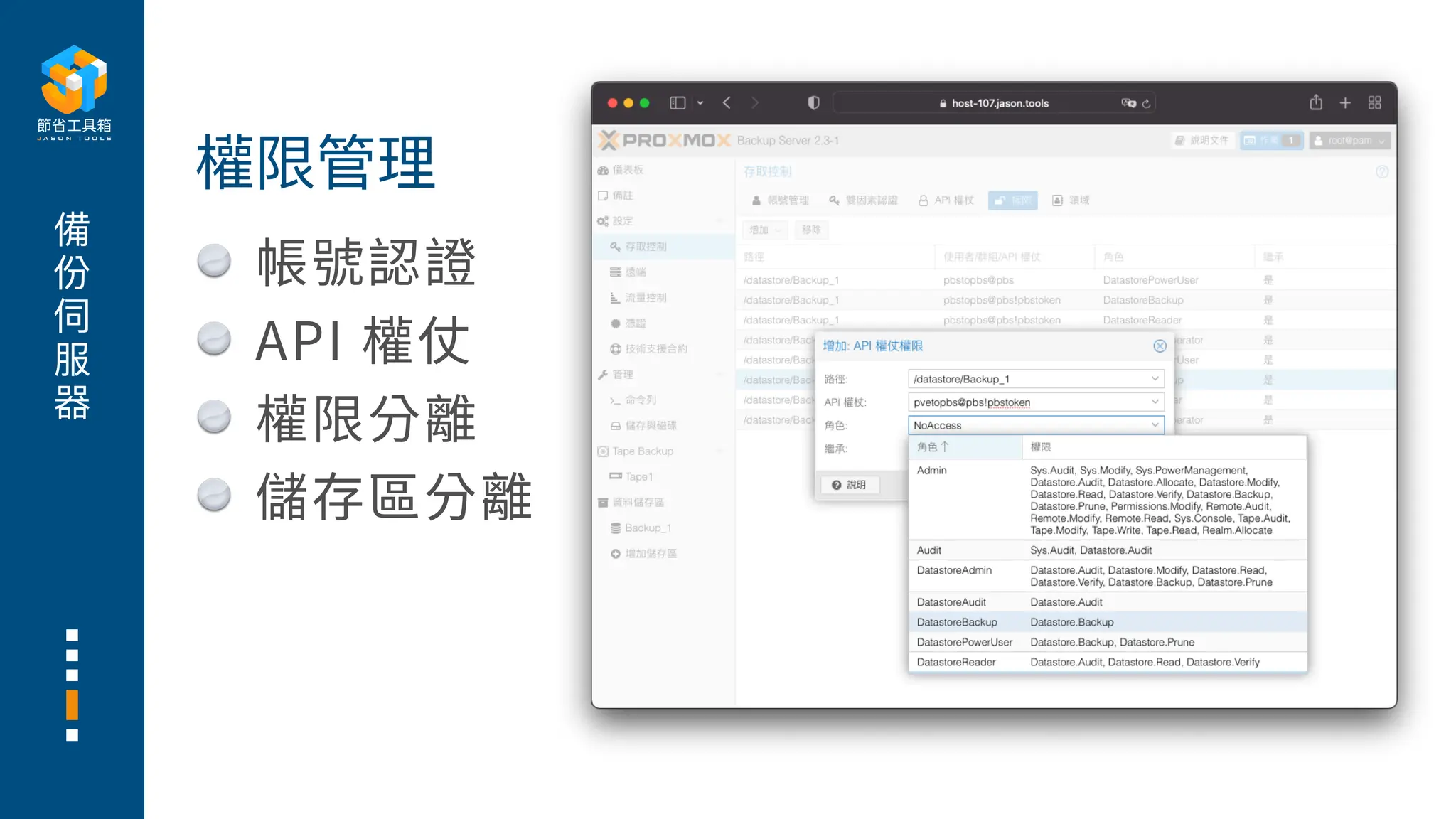 備
份
伺
服
器
帳號認證
API 權仗
權限分離
儲存區分離
權限管理
 