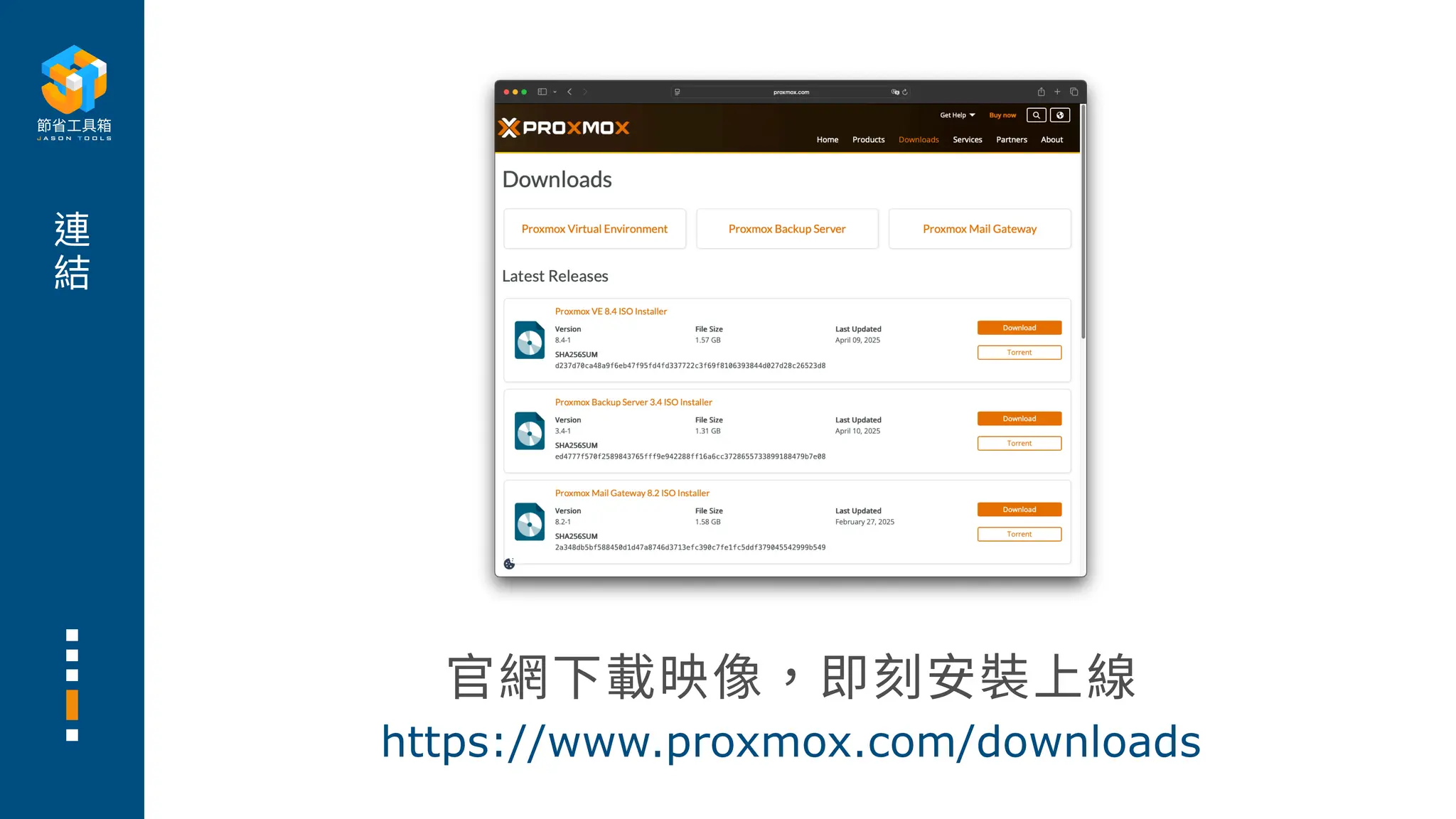 連
結
官網下載映像，即刻安裝上線
https://www.proxmox.com/downloads
 