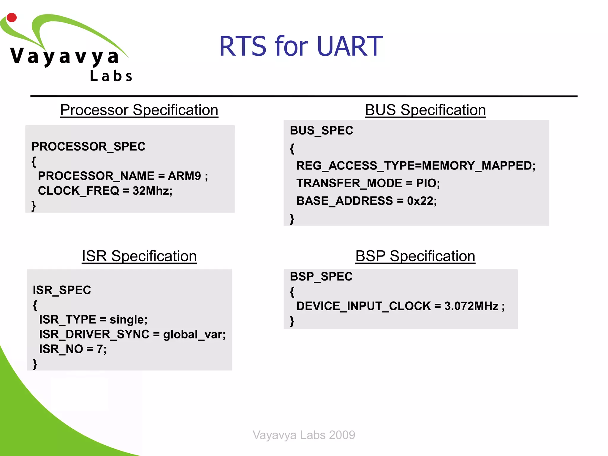 RTS for UART

    Processor Specification                           BUS Specification
                                        BUS_SPEC
PROCESSOR_SPEC                          {
{                                         REG_ACCESS_TYPE=MEMORY_MAPPED;
  PROCESSOR_NAME = ARM9 ;
                                          TRANSFER_MODE = PIO;
  CLOCK_FREQ = 32Mhz;
}                                         BASE_ADDRESS = 0x22;
                                        }


       ISR Specification                          BSP Specification
                                        BSP_SPEC
ISR_SPEC                                {
{                                         DEVICE_INPUT_CLOCK = 3.072MHz ;
  ISR_TYPE = single;                    }
  ISR_DRIVER_SYNC = global_var;
  ISR_NO = 7;
}




                                  Vayavya Labs 2009             22
 