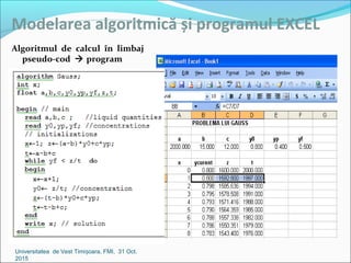 Modelarea algoritmică și programul EXCEL
Algoritmul de calcul în limbaj
pseudo-cod  program
Universitatea de Vest Timi oa...