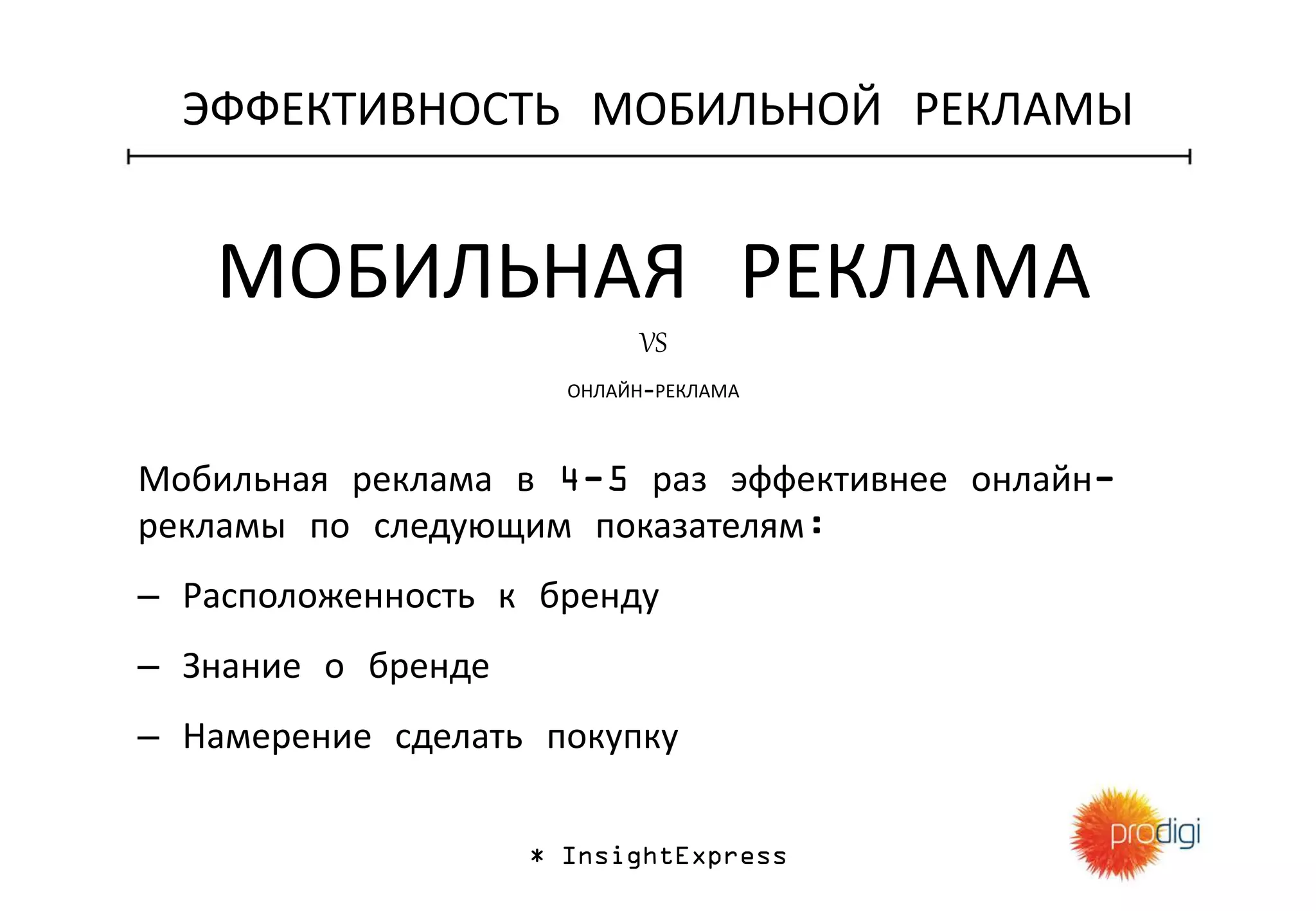 ЭФФЕКТИВНОСТЬ МОБИЛЬНОЙ РЕКЛАМЫ
Мобильная реклама в 4-5 раз эффективнее онлайн-
рекламы по следующим показателям:
– Расположенность к бренду
– Знание о бренде
– Намерение сделать покупку
* InsightExpress
ОНЛАЙН-РЕКЛАМА
МОБИЛЬНАЯ РЕКЛАМА
VS
 