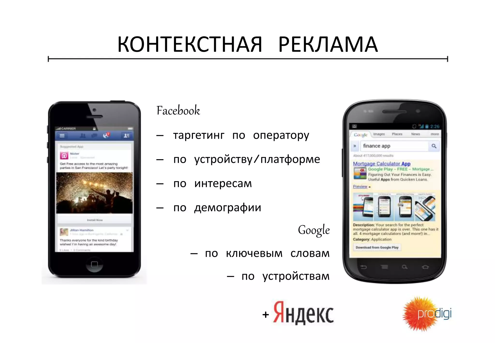 КОНТЕКСТНАЯ РЕКЛАМА
Facebook
– таргетинг по оператору
– по устройству/платформе
– по интересам
– по демографии
Google
– по ключевым словам
– по устройствам
+
 