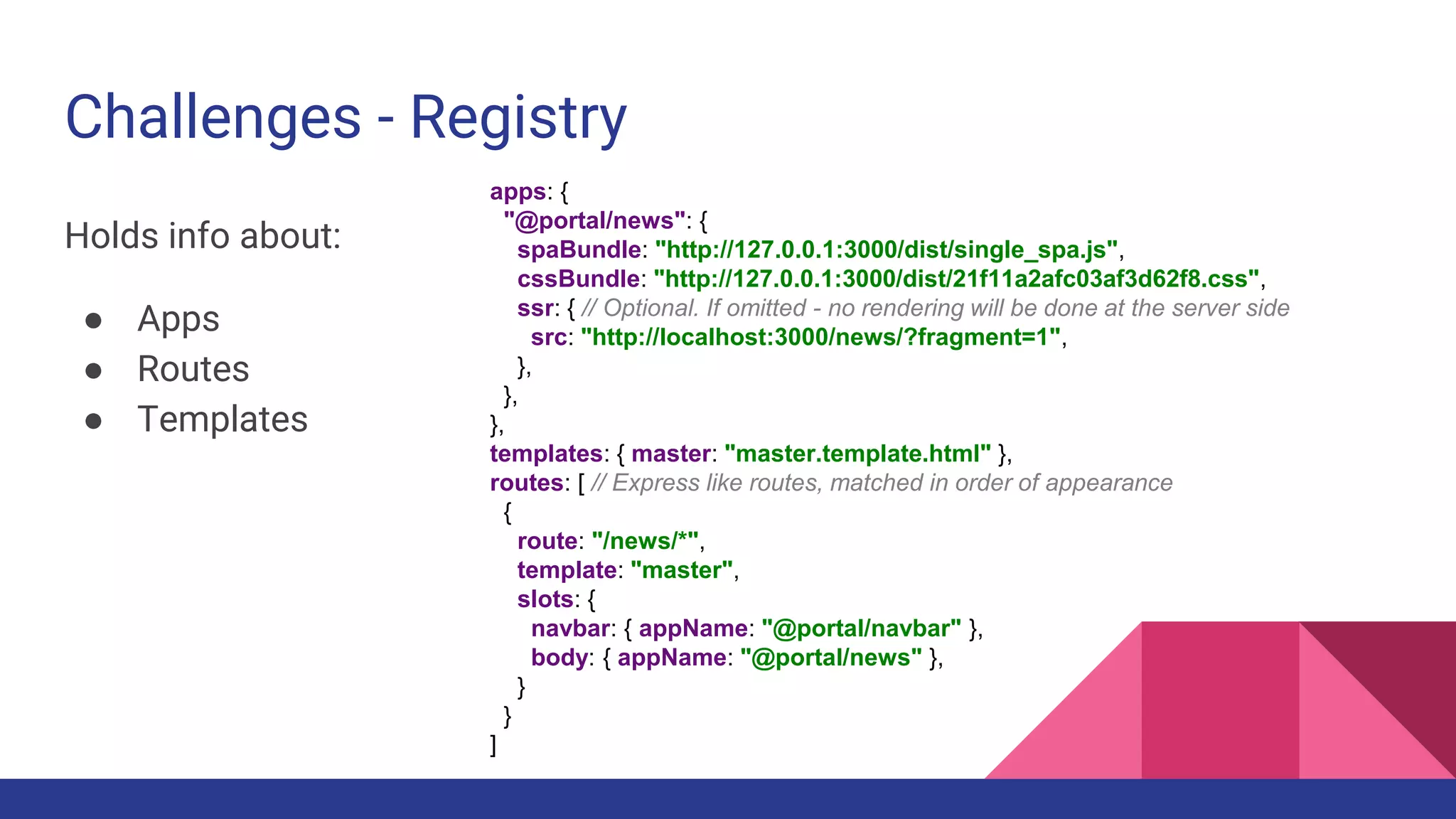 Challenges - Registry
Holds info about:
● Apps
● Routes
● Templates
apps: {
"@portal/news": {
spaBundle: "http://127.0.0.1:3000/dist/single_spa.js",
cssBundle: "http://127.0.0.1:3000/dist/21f11a2afc03af3d62f8.css",
ssr: { // Optional. If omitted - no rendering will be done at the server side
src: "http://localhost:3000/news/?fragment=1",
},
},
},
templates: { master: "master.template.html" },
routes: [ // Express like routes, matched in order of appearance
{
route: "/news/*",
template: "master",
slots: {
navbar: { appName: "@portal/navbar" },
body: { appName: "@portal/news" },
}
}
]
 