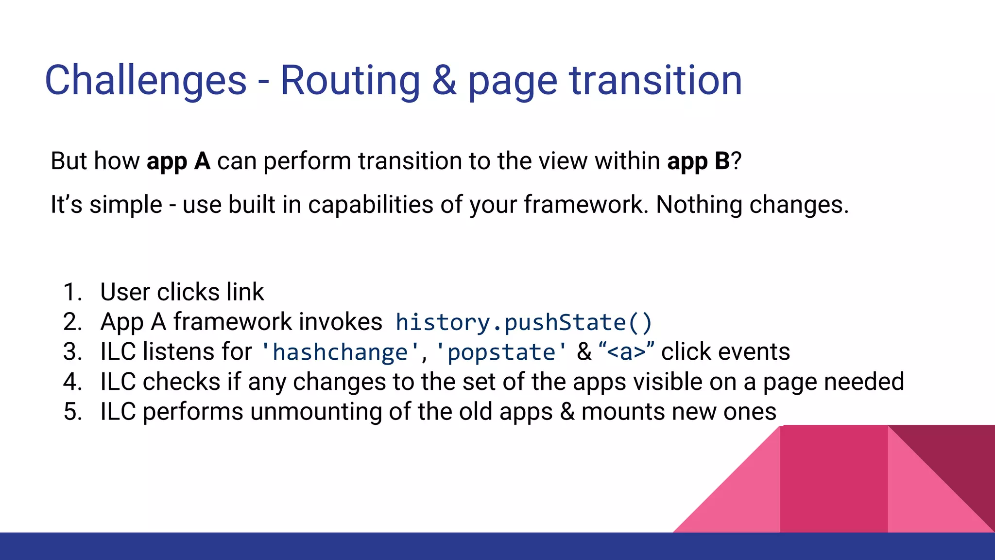 Challenges - Routing & page transition
But how app A can perform transition to the view within app B?
It’s simple - use built in capabilities of your framework. Nothing changes.
1. User clicks link
2. App A framework invokes history.pushState()
3. ILC listens for 'hashchange', 'popstate' & “<a>” click events
4. ILC checks if any changes to the set of the apps visible on a page needed
5. ILC performs unmounting of the old apps & mounts new ones
 