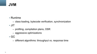 18
JVM
§  Runtime
–  class loading, bytecode verification, synchronization
§  JIT
–  profiling, compilation plans, OSR
–  aggressive optimizations
§  GC
–  different algorithms: throughput vs. response time
 