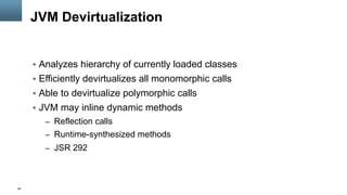 36
JVM Devirtualization
§  Analyzes hierarchy of currently loaded classes
§  Efficiently devirtualizes all monomorphic calls
§  Able to devirtualize polymorphic calls
§  JVM may inline dynamic methods
–  Reflection calls
–  Runtime-synthesized methods
–  JSR 292
 