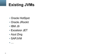 39
Existing JVMs
§  Oracle HotSpot
§  Oracle JRockit
§  IBM J9
§  Excelsior JET
§  Azul Zing
§  SAPJVM
§  …
 
