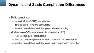 5
Dynamic and Static Compilation Differences
§  Static compilation
–  “ahead-of-time”(AOT) compilation
–  Source code → Native executable
–  Most of compilation work happens before executing
§  Modern Java VMs use dynamic compilers (JIT)
–  “just-in-time” (JIT) compilation
–  Source code → Bytecode → Interpreter + JITted executable
–  Most of compilation work happens during application execution
 