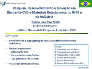 Pesquisa, Desenvolvimento e Inovação em
Diamante-CVD e Materiais Relacionados no INPE e
na Indústria
Vladimir Jesus Trava ...