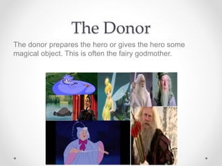 The Donor
The donor prepares the hero or gives the hero some
magical object. This is often the fairy godmother.
 