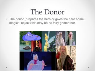 The Donor
• The donor (prepares the hero or gives the hero some
magical object) this may be he fairy godmother.
 