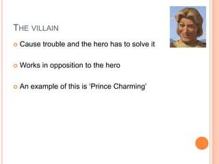 THE VILLAIN
 Cause trouble and the hero has to solve it
 Works in opposition to the hero
 An example of this is ‘Prince Charming’
 